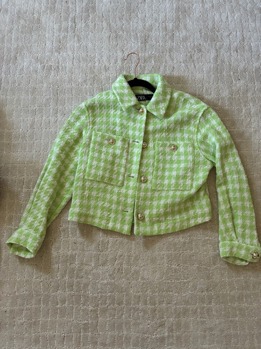 Zara Lime Green and White Tweed Cropped Jacket